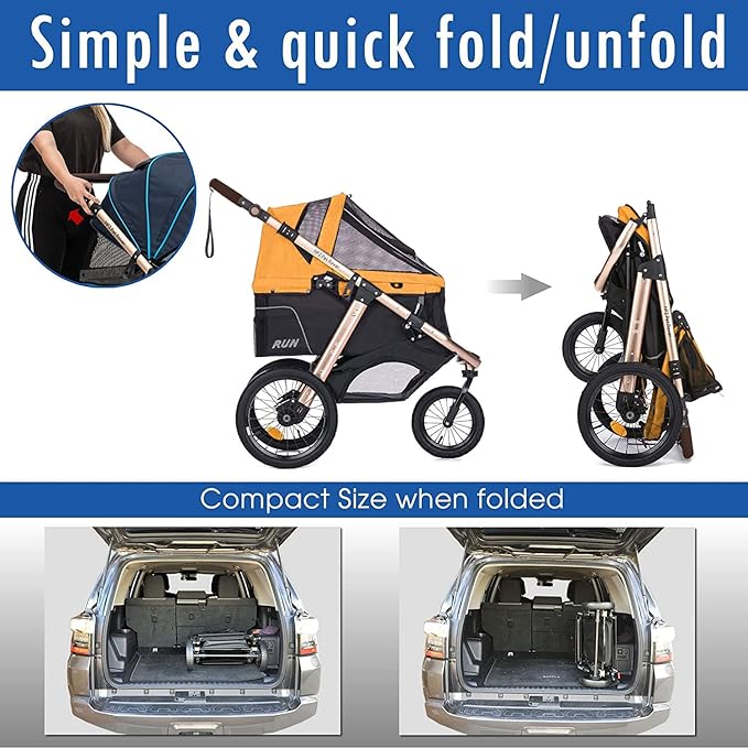 HPZ Pet Rover Run Performance Jogging Sports Stroller with Comfort Rubber Wheels/Zipper-Less Entry/1-Hand Quick Fold/Aluminum Frame for Small/Medium Dogs