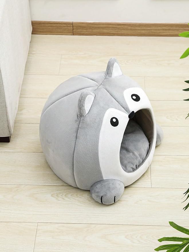 QWINEE Indoor Fox Shape Cat Bed Cave with Removable Cushion