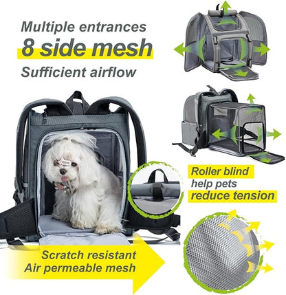 Expandable Pet Carrier, Airline-Approved Foldable and Detachable Backpack, Fits up to 13lbs Cat & 11lbs Small Medium Puppy Dog, Suitable for Car Travel, Outings, Hiking Camping (Grey)