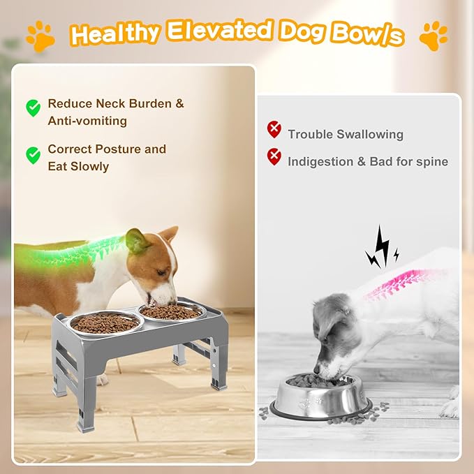 Elevated Dog Bowls for Small Medium Dogs 3 Height Adjustable Raised Dog Bowl Stand with 2 Thick 6" Stainless Steel Dog Food Bowls Non-Slip Dog Feeder Adjusts to 2.75", 6", 7.5", Grey