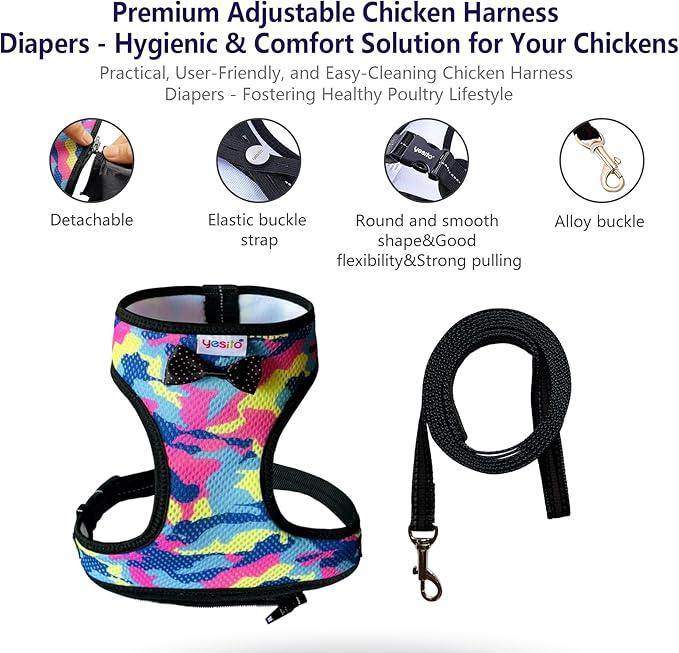 Premium Adjustable Chicken Harness with Camouflage Design & Comfortable Breathable Fabric - Includes Resilient 5.4ft Matching Leash for Secure Outings (Medium, Camouflage Pink)