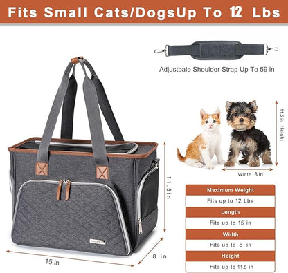 Small Dog Purse Carrier, Cat Carrier Purse for Girls Womens Shopping, Traveling, Walking with Cats Puppies Up to 12 Lbs, Airline Approved, Grey