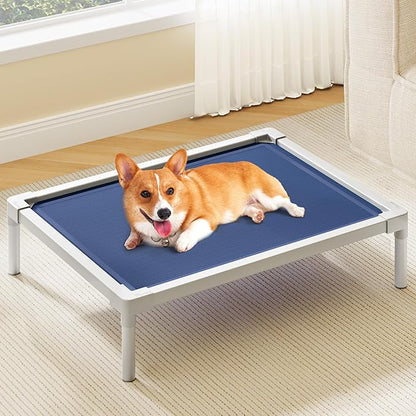 YITAHOME Elevated Dog Bed, Aluminum Frame Chew Proof Raised Pet Cot with Breathable Textilene Mesh Fabric, Enclosed Edges, Non-Slip Rubber Feet, 110LBS Capacity for Indoors & Outdoors, Blue, 32 Inch