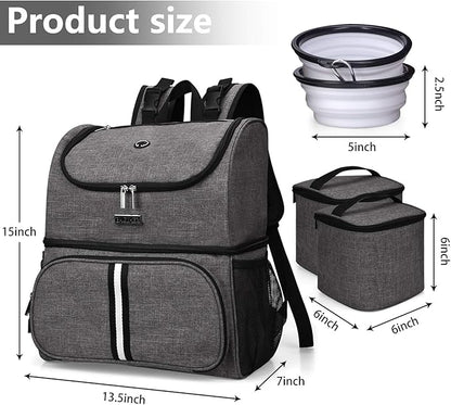 BAGLHER Pet Travel Bag, Double-Layer Pet Supplies Backpack (for All Pet Travel Supplies), Pet Travel Backpack with 2 Silicone Collapsible Bowls and 2 Food Baskets Grey