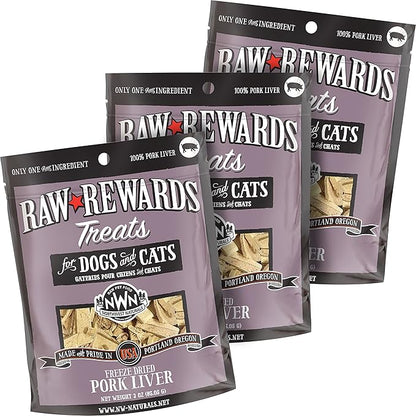 Northwest Naturals Raw Rewards Freeze-Dried Pork Liver Treats for Dogs and Cats - Bite-Sized Pieces - Healthy, 1 Ingredient, Human Grade Pet Food, All Natural - 3 Oz (Pack of 3) (Packaging May Vary)