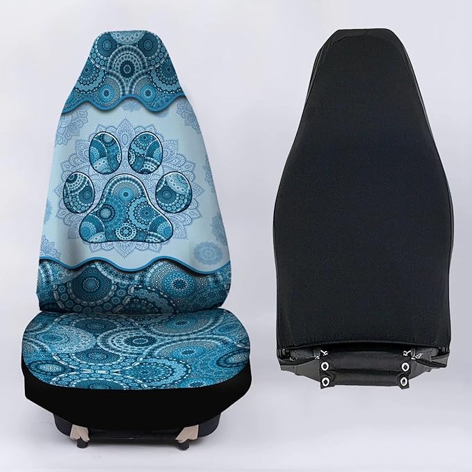 Blue Boho Paw Mandala Foral Printed Car Seat Cover Only for Front 2-Piece Waterproof