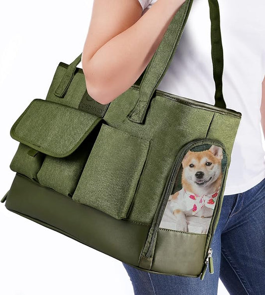 Cat Carrier, Dog Carrier, Pet Carrier, Foldable Waterproof Premium PU Leather Oxford Cloth Dog Purse, Portable Bag Carrier for Small to Medium Cat and Small Dog-Green