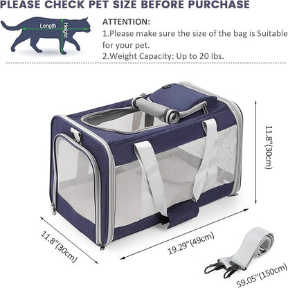 Cat Carrier Dog Carrier Portable Pet Carrier, Soft Sided Fat Cat Carrier Medium Airline Approved, Foldable Bunny Puppy Cat Carrier up to 20lbs, Cat Bag Carrier for Travel (Blue)