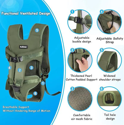 PetBonus Pet Front Dog Carrier Backpacks, Adjustable Backpack Legs Out Easy-fit Chest Carrier for Medium Small Dogs, Hands Free Dog Front Carrier for Hiking, Cycling (Army Green, S)