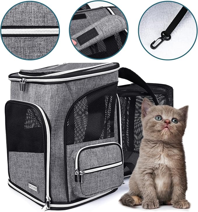 BAGLHER Expandable Pet Carrier Backpack，Pet Backpack for Small Cats Puppies Dogs Bunny, Airline-Approved Ventilate Backpack for Travel, Hiking and Outdoor Use. Grey