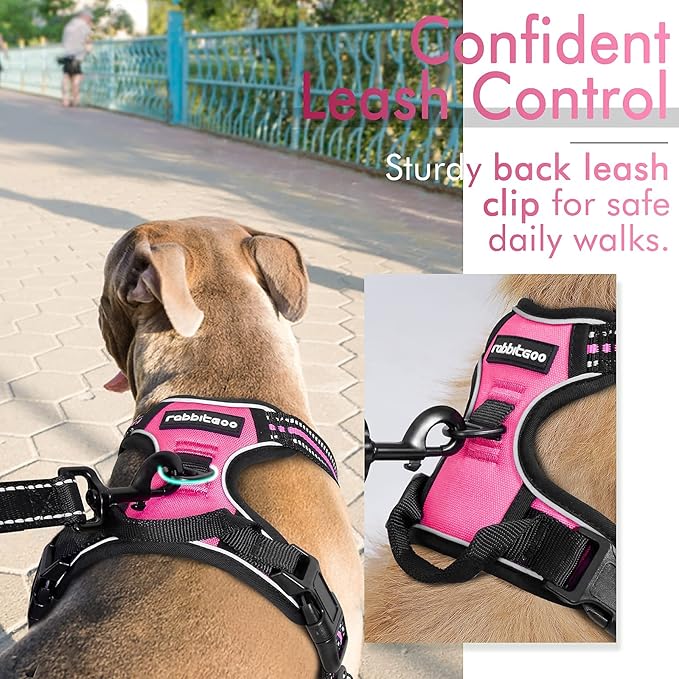 rabbitgoo Dog Harness, No-Pull Pet Harness with 2 Leash Clips, Adjustable Soft Padded Dog Vest, Reflective No-Choke Pet Oxford Vest with Easy Control Handle for Large Dogs, Hot Pink, XL