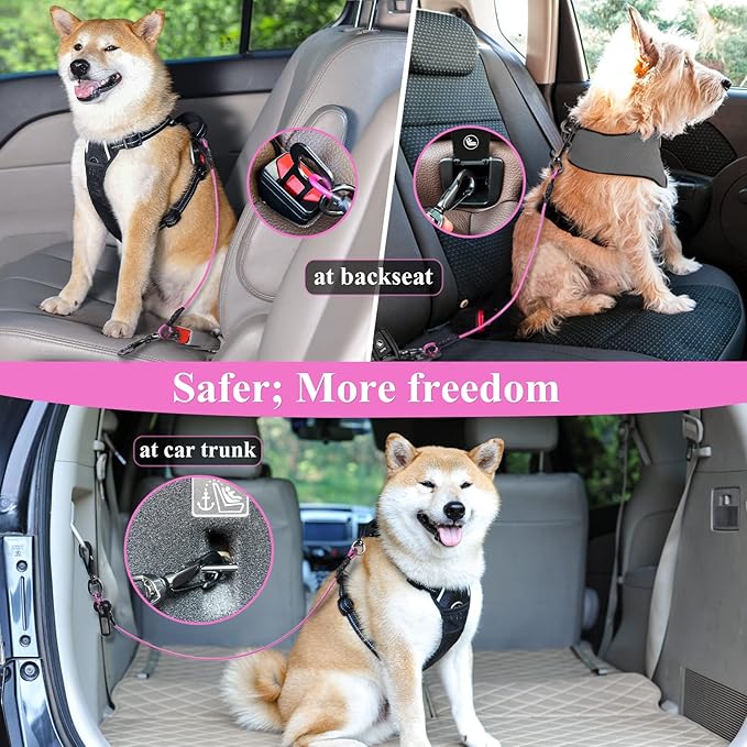 VIVAGLORY Dog Seat Belt, Chew Proof Multi-Functional Waterproof Dogs Safety Belt, Heavy Duty Steel Rope Pet Car Seatbelt Rrestraint Harness for Small Medium Dogs, 22", Pink