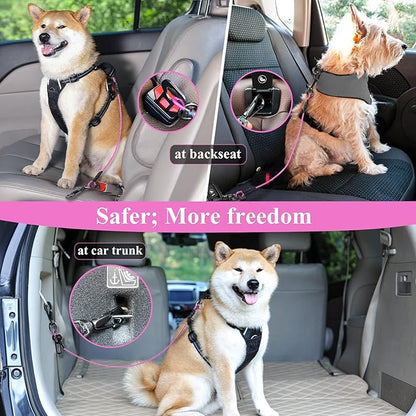 VIVAGLORY Dog Seat Belt, Chew Proof Waterproof Multi-Functional Dogs Safety Belt, Heavy Duty Steel Rope Pet Car Seatbelt Rrestraint Harness for Small Medium Dogs, 28", Pink