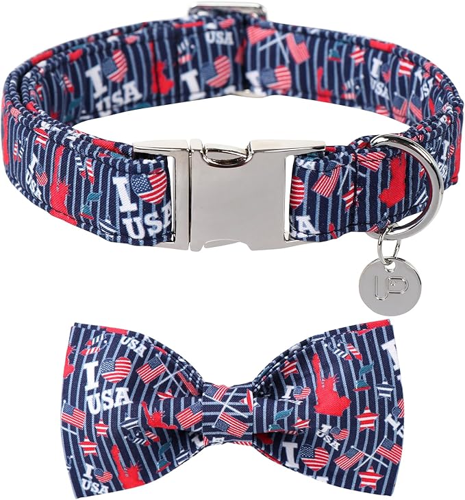 American Flag Dog Collar with Bow Tie 4th of 8-12in
