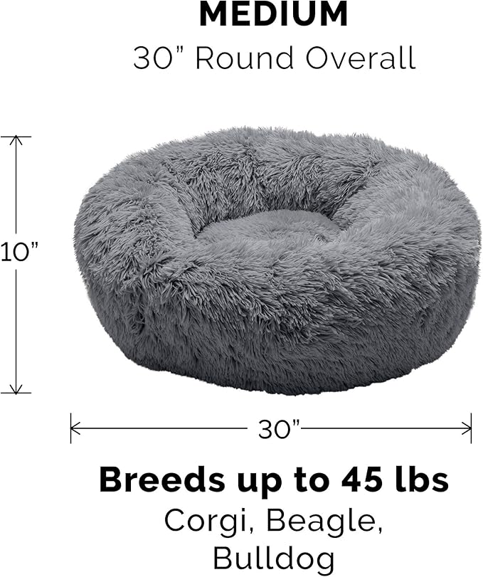 Furhaven Replacement Donut Dog Bed Cover Plush Long Faux Fur Calming Cuddler, Machine Washable - Gray, Medium