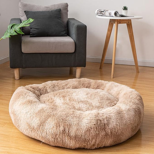 Oval Calming Donut Cuddler Dog Bed Bed(30"/36"/43") for (L(30"x24"x7"), Beige2021)