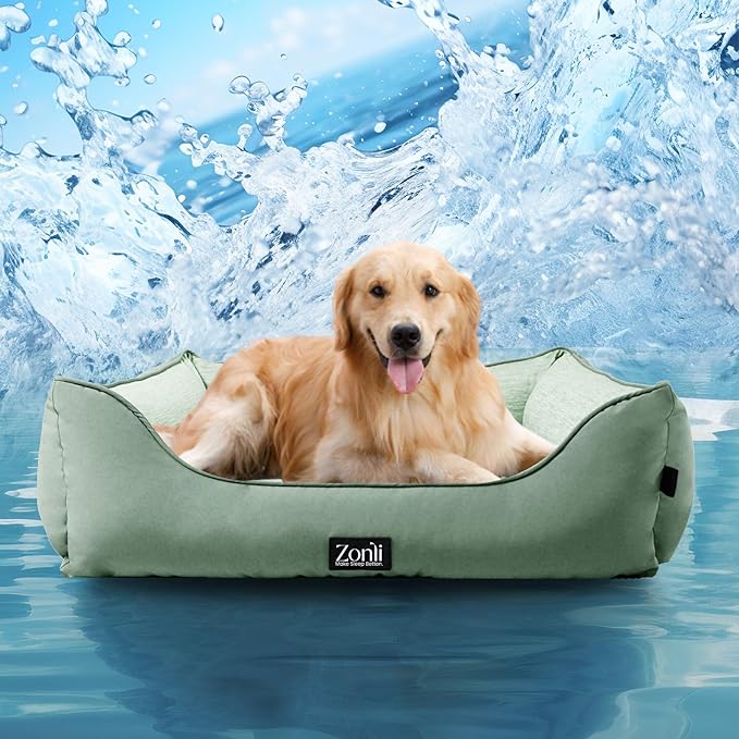 ZonLi Cooling Dog Bed, Dog Bed for Large Dogs, Dog Cooling Bed with Bolsters Waterproof, for Dogs Up to 40 lbs, Pet Bed with Washable Cover, Non-Slip Bottom, Without Gel, Mint Green