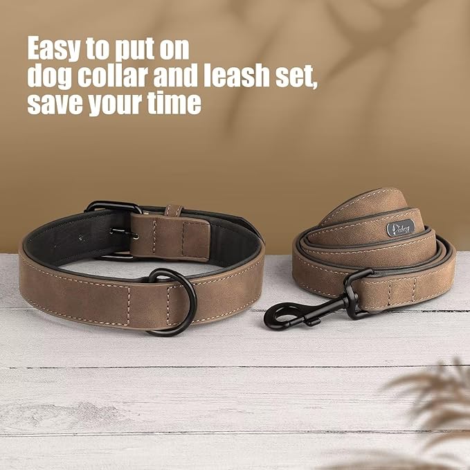 Didog Soft Padded Leather Dog Collar and Leash Set 4FT Leather