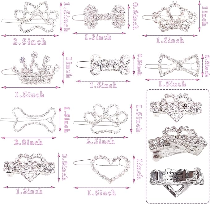PET SHOW 10pcs Crystal Small Dogs Hair Clips 200pcs Rubber