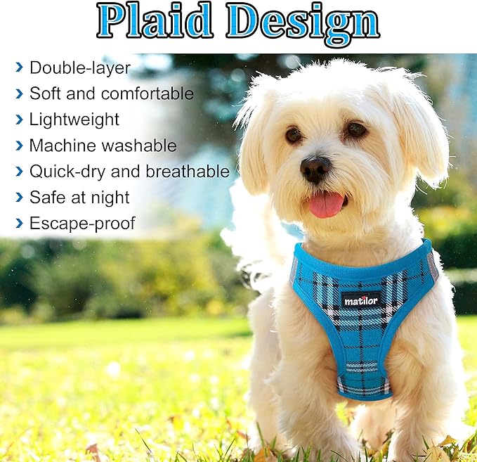 Dog Harness Step-in Breathable Puppy Cat Dog Vest Harnesses for Small Medium Dogs Blue Plaid