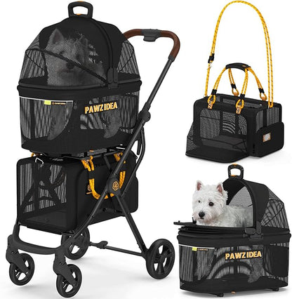 PAWZIDEA Double Pet Stroller for 2 Cats Dogs Small & Medium, TSA Airline Approved Cat Carrier Expandable, Cat Stroller with Removable Carrier Bag, 2 Dog Stroller Detachable Carrier, Travel Car Seat