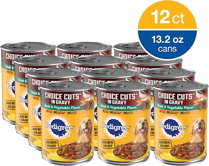 PEDIGREE CHOICE CUTS IN GRAVY Adult Canned Soft Wet Dog Food, Steak & Vegetable Flavor, 13.2 oz. Cans (Pack of 12)