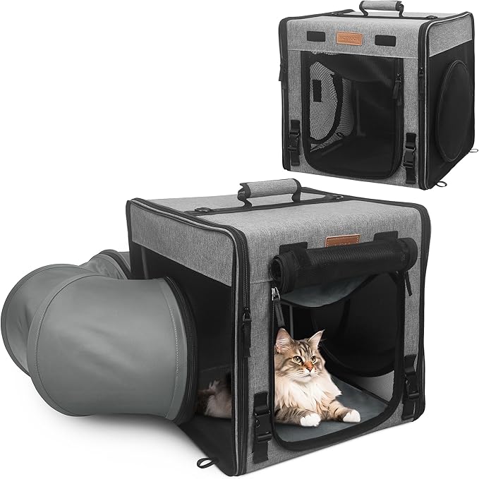 PETUX Cat Travel Carrier with Little Box, Various DIY Methods Large Cat Carrier, Cat Carrier Soft with Tunnel Tube-with Flannel Mat, Hammock, Protable Tote (Grey)