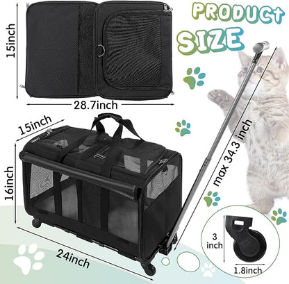 2 Set Double Cat Carrier with Wheel,Extra Large Pet Carrier for 2 Cats,Rolling Dog Carrier, Pet Travel Carrier for Outdoor Hiking Camping Veterinary Visits, Black