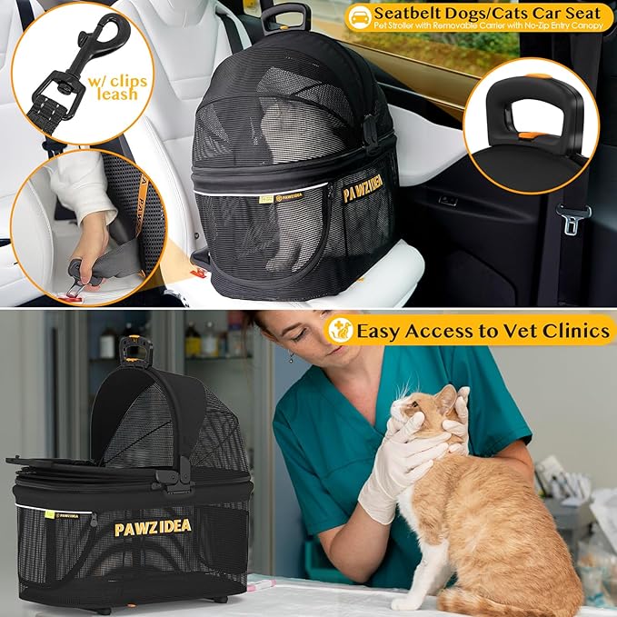 PAWZIDEA Double Pet Stroller for 2 Cats Dogs Small & Medium, TSA Airline Approved Cat Carrier Expandable, Cat Stroller with Removable Carrier Bag, 2 Dog Stroller Detachable Carrier, Travel Car Seat