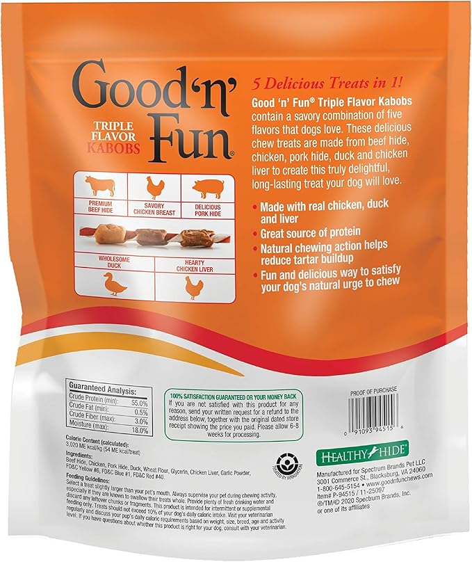 Good'n'Fun Triple Flavor Kabobs 48 Ounce, Rawhide Snack for All Dogs