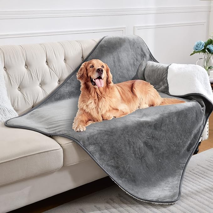 Waterproof Blanket for Bed Couch Sofa, Soft Liquid Pee Proof Pet Blanket for Dog Puppy Cat, Reversible Sherpa Fleece Blanket for Furniture Protector (Grey, 60x80 inches)