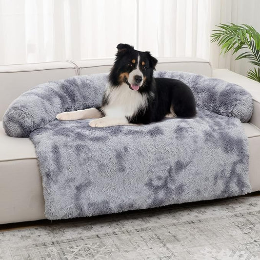 Syalife Shaggy Plush Calming Dog Couch Bed Pet Protector Cover(41"x37"x6", Grey/White)