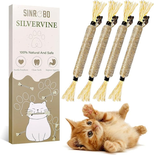 4 Pack Silvervine Sticks for Cats - Cat Chew Toy for Teeth Cleaning, Edible Matatabi Kitty Chew Sticks, Catnip Cat Toys for Indoor Cats (4 Sticks)