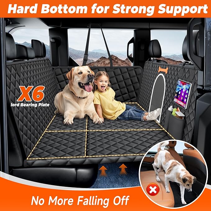 XL Dog Car Seat Cover for Back Seat, Large Space Dog Back Seat Extender for Truck with 6 Foldable Boards Hard Bottom Dog Hammock Waterproof Bed Extenders for Truck, Large SUV (Black)