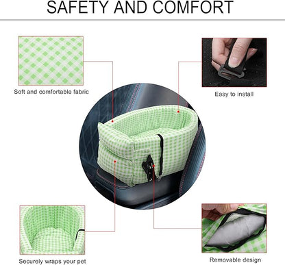 X AUTOHAUX Plaid Style Dog Car Seat Adjustable Straps for Medium Small Sized Puppy Cat Seat Pets Soft Non Slip Bottom Travel Bed Green White