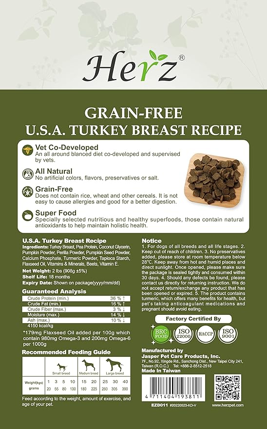 Herz Air-Dried Dog Food – U.S.A Turkey Breast Recipe 2 lb, Single Pure-Meat, Grain Free, All Natural, High Protein, Limited Ingredients