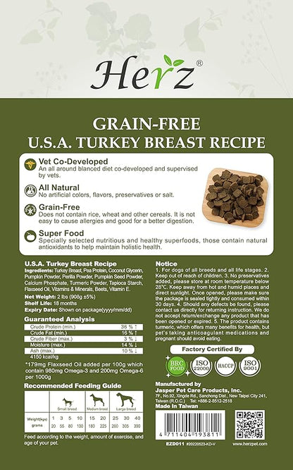 Herz Air-Dried Dog Food – U.S.A Turkey Breast Recipe 2 lb, Single Pure-Meat, Grain Free, All Natural, High Protein, Limited Ingredients