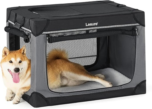 Lesure Soft Collapsible Dog Crate 30 Inch 4-Door Foldable