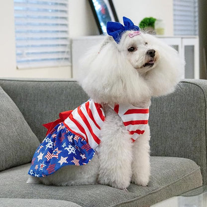 CuteBone Dog Dresses Velvet 4th of July Small Dogs Clothes Onesie Pet Apparel Girl Puppy Skirt with Bow Hair Rope CVA38S-D