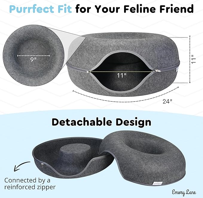 Emory Lane - Premium Cat Cave for Small Pets, Multifunctional Donut Tunnel Bed for Indoor Pets, Round Felt Pet Cave with Premium Zipper, for Pets up to 40 Lbs (24x24x11 Inch) (Dark Gray)