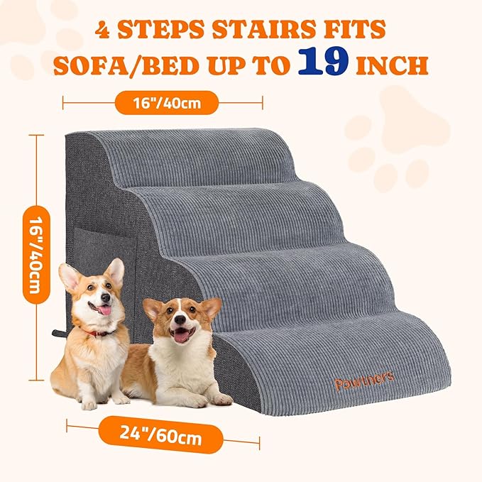 Dog Stairs for Small Dogs: Pawtners 4 Steps 16" Tall Dog Ramp for Bed