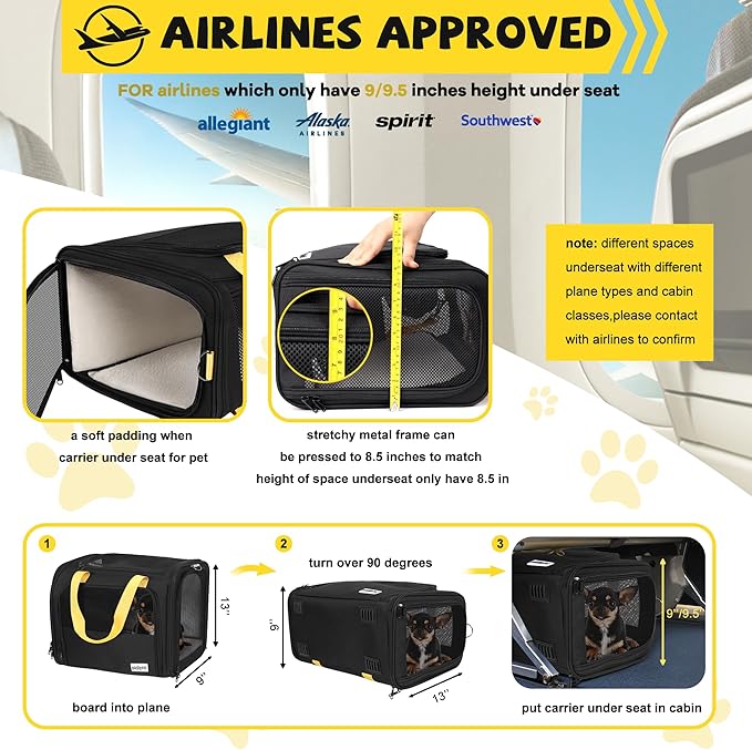 19 x 13 x 9 TSA Approved pet Carrier for cat and Small Dog up to 12-15 lbs,Turn Down to Putted underseat for Southwest Allegiant and Other Airlines Have 9'' or 9.5'' Height Space