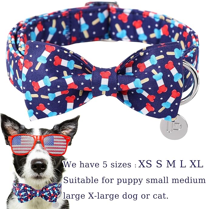 American Flag Dog Collar with Bow Tie 4th of 8-12in