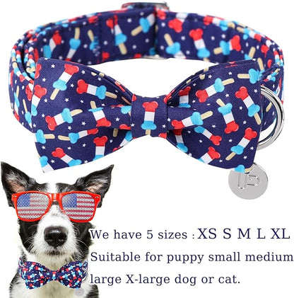 American Flag Dog Collar with Bow Tie 4th of 8-12in