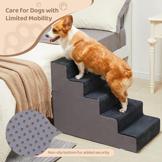 5-Step Dog Stairs, 22.5'' H Dog Stairs for High Beds, Non-Slip Bottom Pet Stairs for Small Dogs and Cats, Indoor Pet Steps Dog Ramp for Bed, Grey