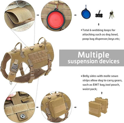 Forestpaw Tactical Dog Harness for Large Dogs,Tactical Dog Collar with Bungee Leash Set,No Pull Military Dog Harness for Dog Walking Training,Adjustable for Medium Large Dogs,Khaki S