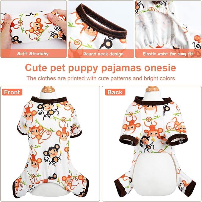 Cute Pet Clothes Dog Pajamas for Small Dogs Boy Girl Soft Stretch Puppy Clothes Dog Pjs Summer Dog Jammies Onesies Dog Outfits for Chihuahua Yorkie Teacup Cat Apparel Clothing (Small, Cute Monkey)