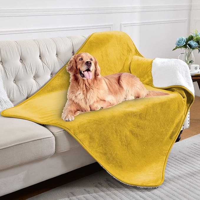 Waterproof Blanket for Bed Couch Sofa, Soft Liquid Pee Proof Pet Blanket for Dog Puppy Cat, Reversible Sherpa Fleece Blanket for Furniture Protector (Mustard Yellow, 60x80 inches)