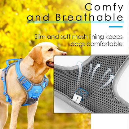 ThinkPet No Pull Harness Breathable Sport Harness with Handle-Dog Harnesses Reflective Adjustable for Medium Large Dogs,Back/Front Clip for Easy Control L Sky Blue