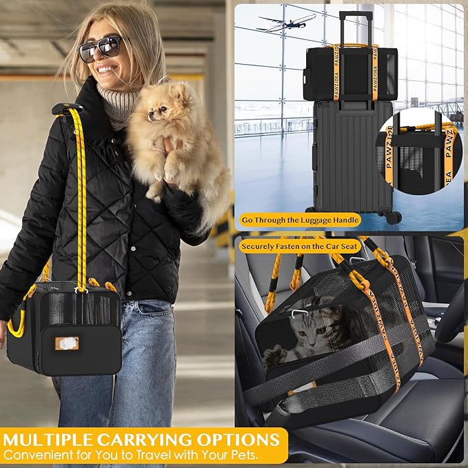 PAWZIDEA Double Pet Stroller for 2 Cats Dogs Small & Medium, TSA Airline Approved Cat Carrier Expandable, Cat Stroller with Removable Carrier Bag, 2 Dog Stroller Detachable Carrier, Travel Car Seat